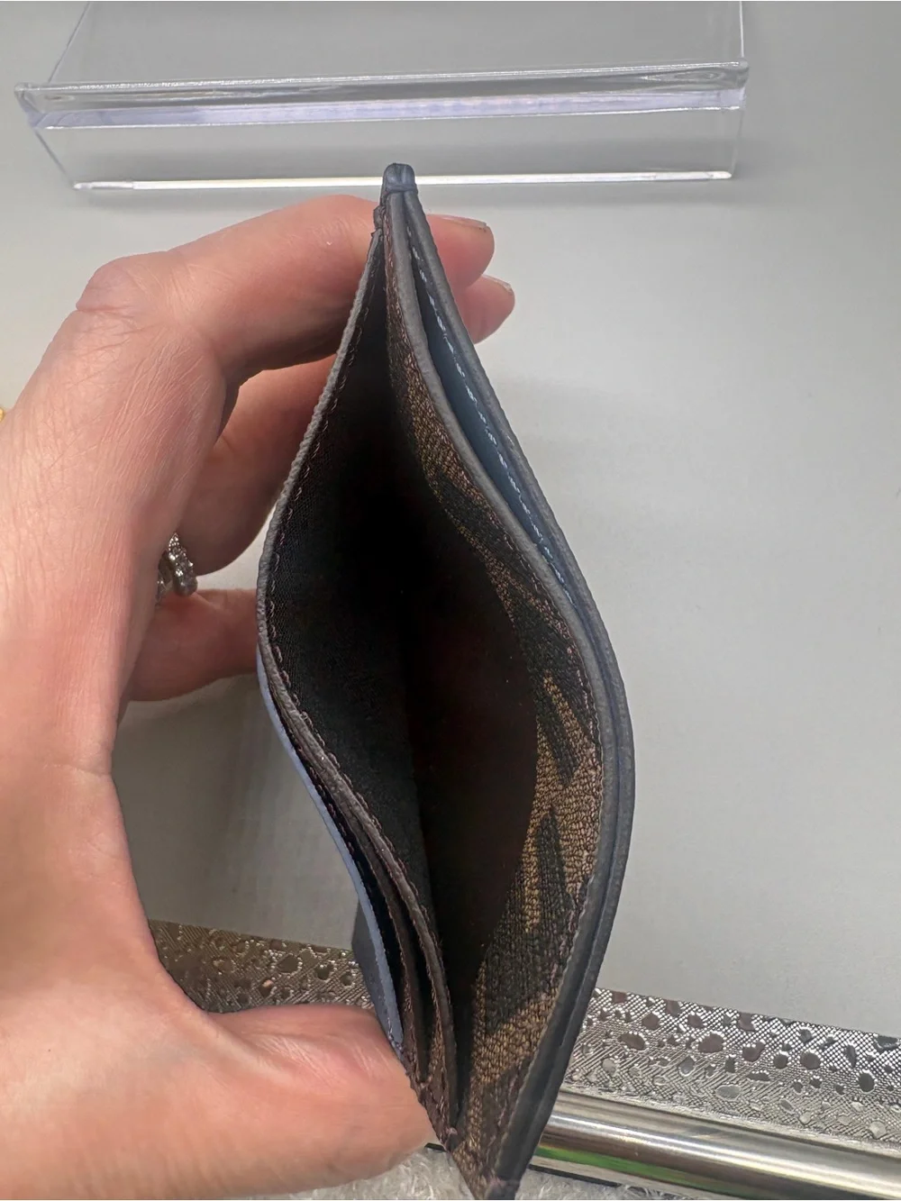 Fendi Two-Tone Blue Leather and Brown FF Logo Card Holder